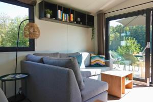 a living room with two couches and a table at Tinyhouse Seeträumchen direkt am See mit Terrasse für 4 in Bodenwöhr