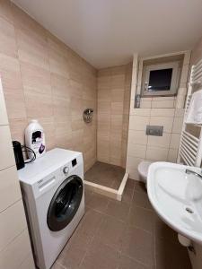 a bathroom with a washing machine and a sink at ZANIK Cozy Haven in Prague