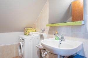 a bathroom with a sink and a washing machine at Vineyard Cottage Vrbek in Roginska Gorca +6 photos