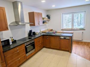 a kitchen with wooden cabinets and a stove top oven at Gîte de La Forge in Hesse