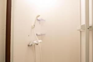 a bathroom with a shower with a white wall at Guest House KITOEDA in Nikko