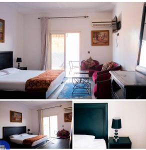 a hotel room with two beds and a living room at Hotel Appart HB in Marrakesh