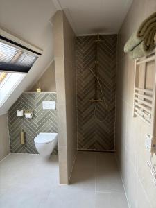 a bathroom with a toilet and a shower at B&B Groene oase in Bantega