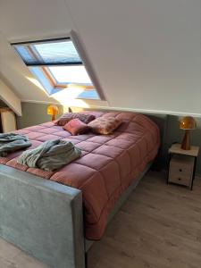 a bedroom with a large bed with a skylight at B&B Groene oase in Bantega