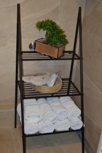 a shelf with towels and a plant in a bathroom at Mas Motel in Bosanska Gradiška