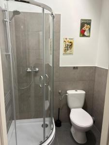 a bathroom with a toilet and a glass shower at Gästezimmer Flechtorf in Lehre