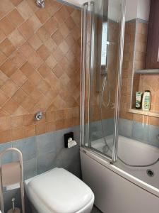 a bathroom with a shower and a toilet and a sink at Dimora Alta in Olbia +45 photos