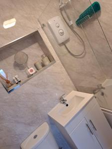a bathroom with a shower and a toilet and a sink at 31 Laigh Isle in Isle of Whithorn