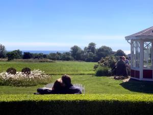 a woman sitting on a bench in the grass at Torsborgs Gård in Simrishamn