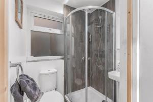 a bathroom with a shower with a toilet and a sink at Badger Haven, Apartment 1 in Brackley
