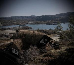 a house sitting on top of a hill next to a lake at Great mountain cabin with 12 beds in Vågsli