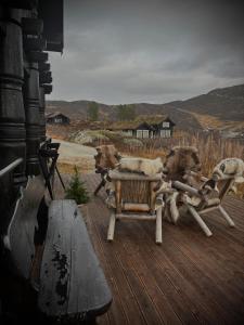 two dogs sitting around a table on a deck at Great mountain cabin with 12 beds in Vågsli +82 photos