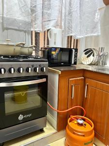 a kitchen with a stove and a vacuum at Stylish 1br Milimani in Kisumu