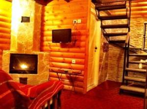 a living room with a television and a fireplace at mezonetaki in Karpenisi