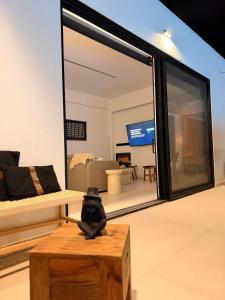 a black cat sitting on a wooden box in a living room at Kudos Luxury villas in Korinthos