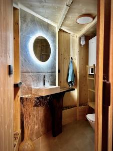 a bathroom with a sink and a mirror at Jurta Jura leśna in Przybysławice