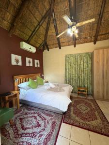 a bedroom with a bed with a ceiling fan and a rug at SETLHARE GUEST LODGE in Ganyesa +77 photos