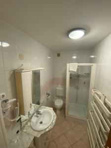 a bathroom with a sink and a shower and a toilet at Juhász Fogadó in Fonyód +26 photos