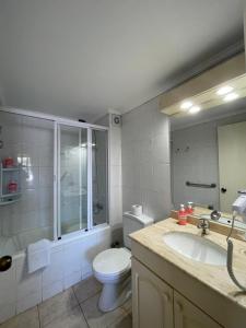 a bathroom with a toilet and a sink and a mirror at Hotel del Volcán in Pucón +42 photos