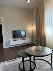 a living room with a table and a tv at Olive Tree in Tirana