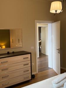 a bedroom with a dresser and a mirror at Olive Tree in Tirana
