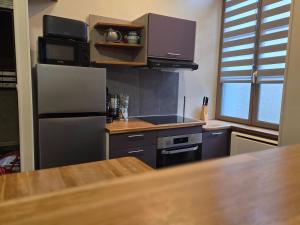 a kitchen with a refrigerator and a counter top at La Pause Dinannaise in Dinan