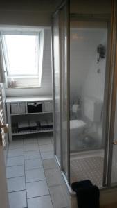 a bathroom with a shower with a glass door at Hildfelder Stübchen in Winterberg