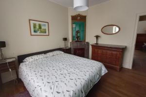 a bedroom with a bed and a dresser and a mirror at Villa le Roche du Ris - 10-12 personnes in Baraize