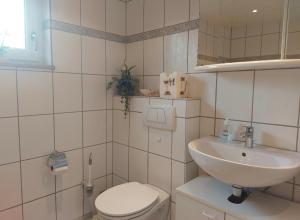 a white bathroom with a toilet and a sink at Hillis Ferienwohnung Saarland in Sankt Ingbert +22 photos
