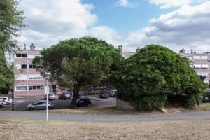 two large trees in a parking lot with buildings at Ancely Studio Aséptisé in Toulouse