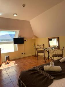 a bedroom with a bed and a table with a television at Hotel del Volcán in Pucón