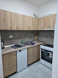 a kitchen with wooden cabinets and a sink and a stove at Zara in Bar