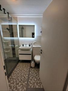 a bathroom with a toilet and a sink and a shower at Sarra&Mo Ferienwohnung in Duisburg