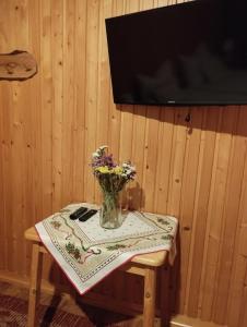 a vase of flowers on a table with a tv at DW Łomnica in Białka Tatrzańska