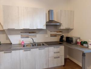 a kitchen with wooden cabinets and a sink and a microwave at Da Lucia in Dronero