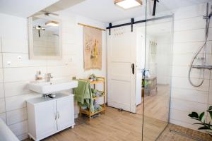 a bathroom with a sink and a shower at Ferienhaus Peenegrün in Jarmen +11 photos