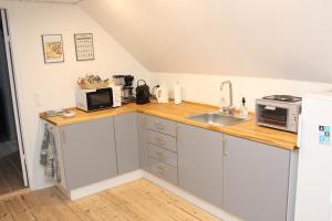 a kitchen with a counter with a sink and a microwave at 1st floor 2 rooms with kitchenette in Store Heddinge +30 photos