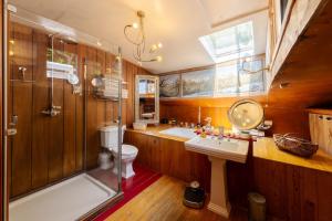 a bathroom with a shower and a toilet and a sink at Péniche de charme, Avignon, Provence in Villeneuve-lès-Avignon +22 photos