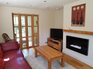 a living room with a couch and a fireplace at Weir Cottage in Fordingbridge