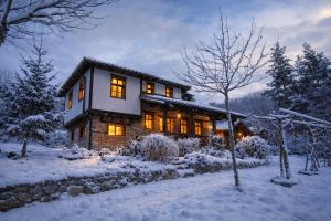a house in the snow with lights on at Traditional Cottage - Vila Samovila in Delčevo