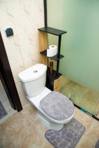 a bathroom with a white toilet with a shelf at Fola Home in Abidjan