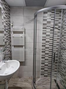 a bathroom with a sink and a shower at Fortuna Hotel in Miskolctapolca