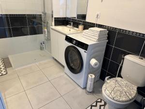a washing machine in a bathroom with a toilet at Appartement de standing, parking privé, climatisé, proche du centre-ville et la gare centre in Avignon