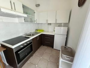 a small kitchen with a sink and a refrigerator at Apartmani Hranjec in Ugljan +10 photos