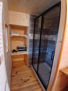 a walk in shower in a tiny house at Apparemment spacieux in Massat