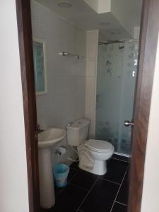 a bathroom with a toilet and a sink and a shower at Apartamento Aboleda Campestre in Ibagué