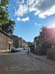 a cobblestone street in a small town with houses at Große Ferienwohnung in Flecken Zechlin in Rheinsberg