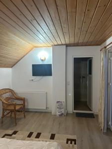 a living room with a wooden ceiling and a chair at Insieme in Vidra