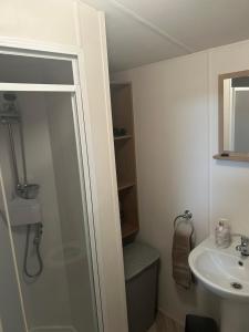 a bathroom with a shower and a sink at Eyemouth caravan for rent in Eyemouth +29 photos