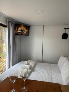 a bedroom with a bed with two wine glasses at Nomade Balmaceda in Balmaceda